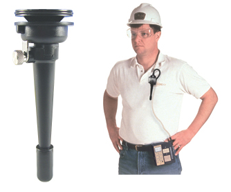 GS-1 Respirable Dust Cyclone shown with Worker wearing it